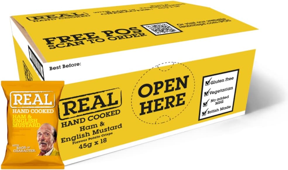 Full Box of 24 x REAL Crisps Ham & English Mustard 35g