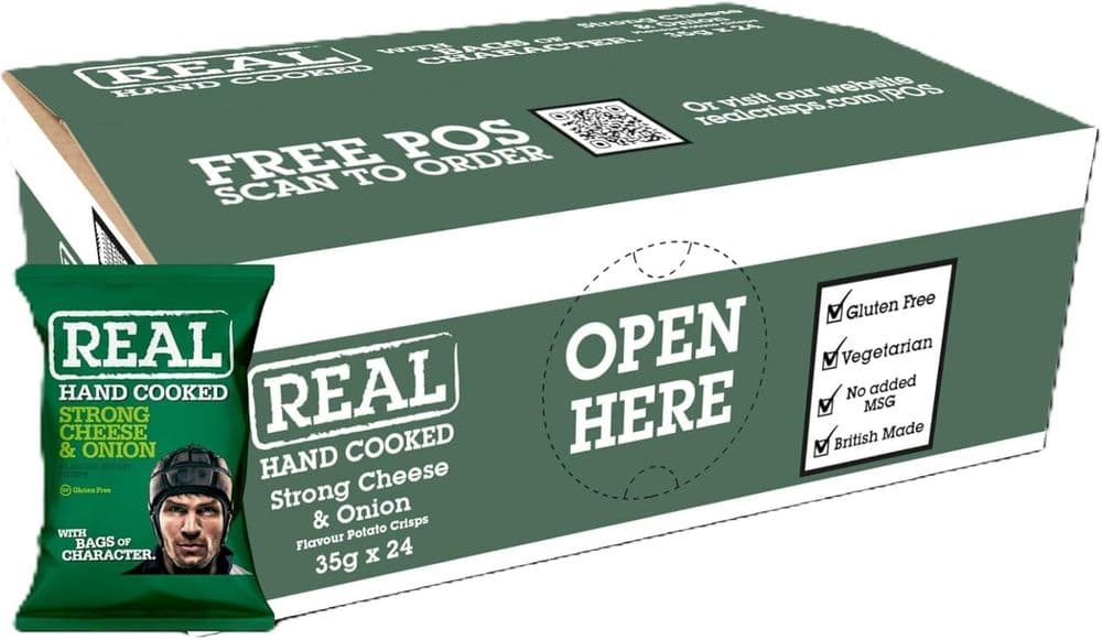 Full Box of 24 x REAL Handcooked Crisps Cheese & Onion 35g